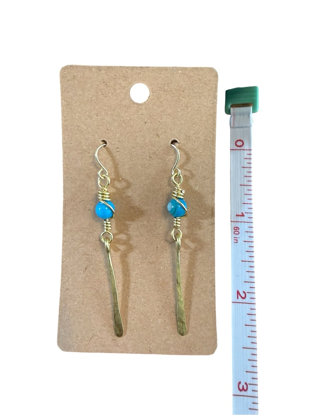 Brass Hammered Boho Drop Earrings Blue Natural Shell Beads 14kGold Hooks Jewelry - Picture 3 of 3